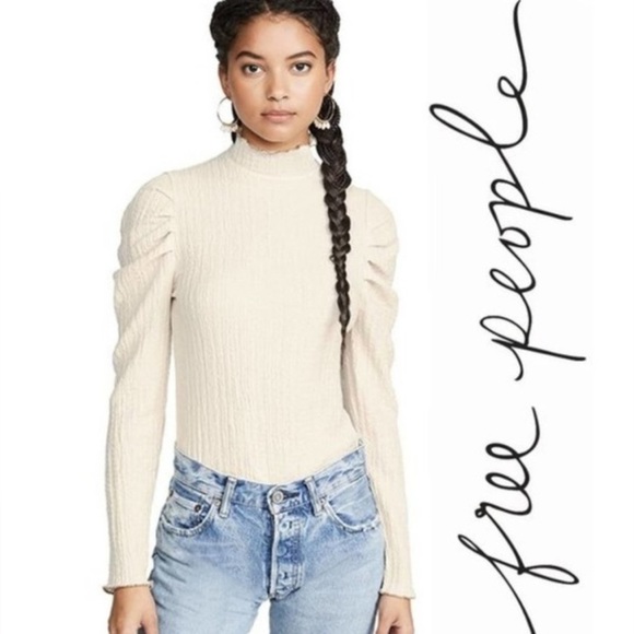 Free People Ivory Ribbed Puff Sleeve Blouse - Picture 1 of 7